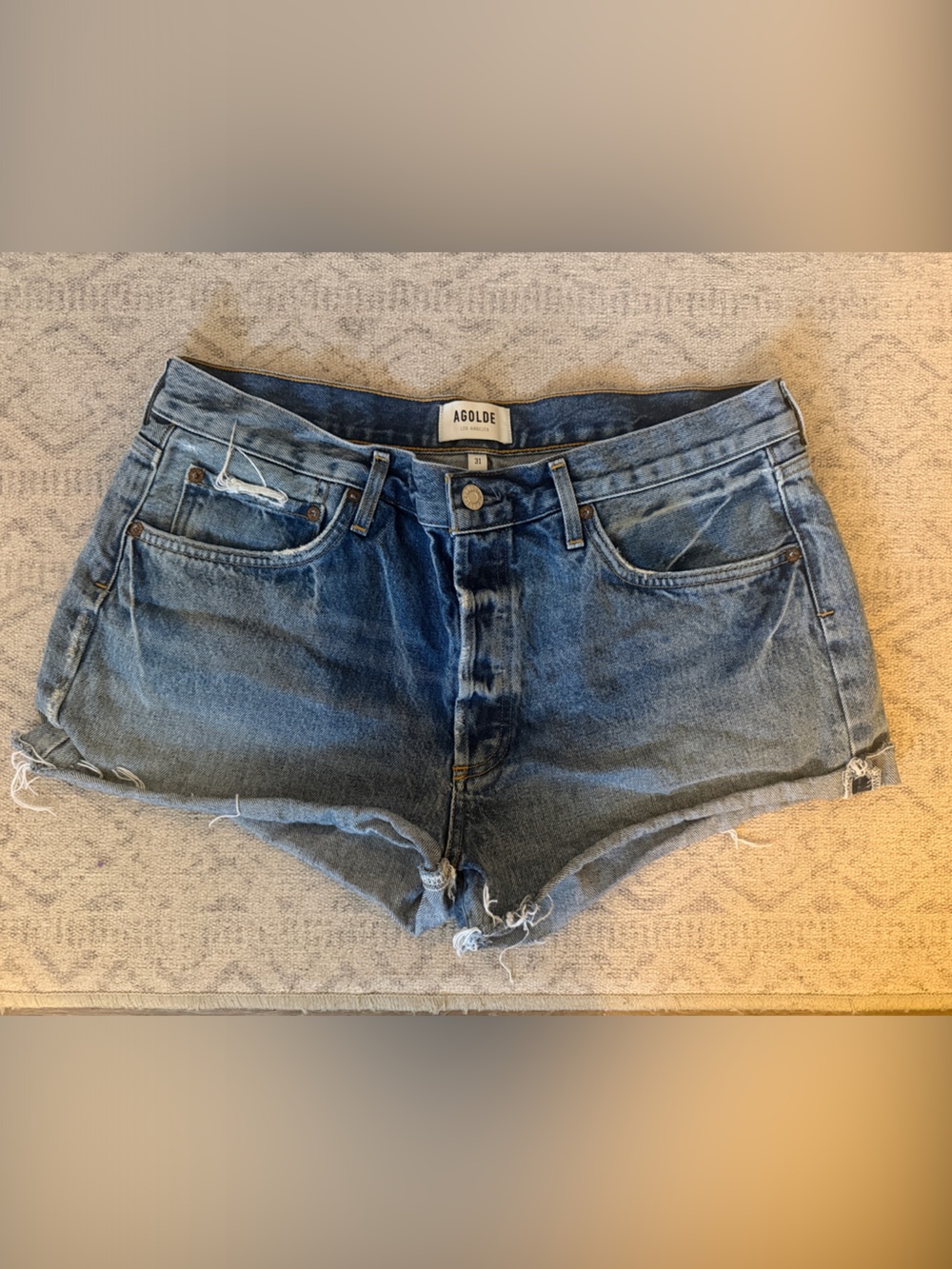 Agolde Light Blue Distressed High-Rise Jean Shorts